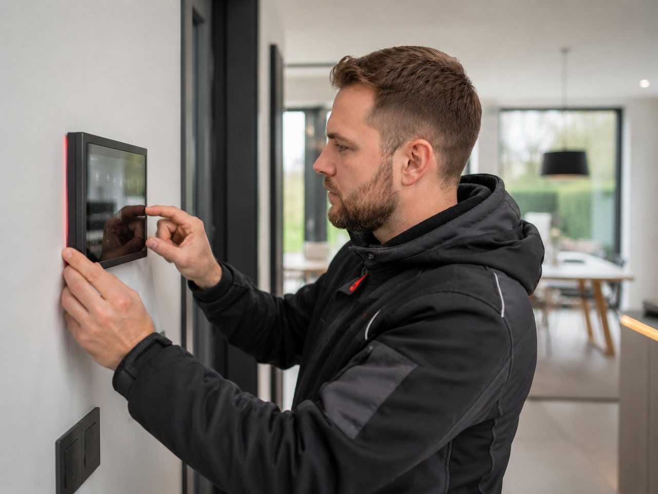 Elektriker montiert ein modernes Smart-Home-Bedienpanel